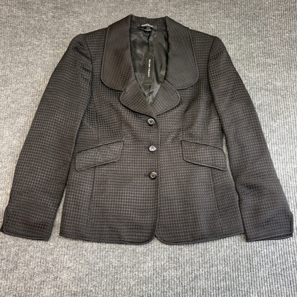 Ellen Tracy Houndstooth Blazer Black Women's‎ 10 Silk Blend NWT Career Jacket